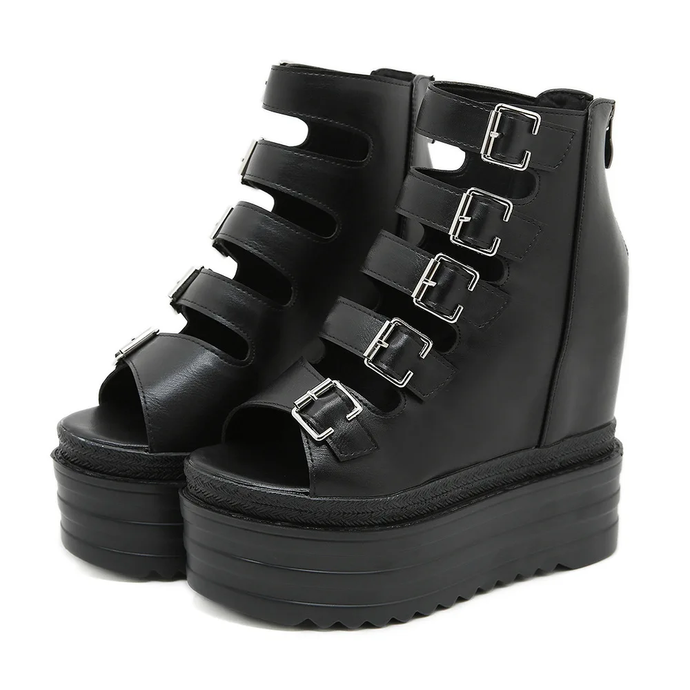 Sandalias de plataforma de suela gruesa para mujer, zapatos de muffin con Boca de pescado hueca de tacón alto de 12,5 cm, estilo coreano, cuñas de aumento, novedad de 2025