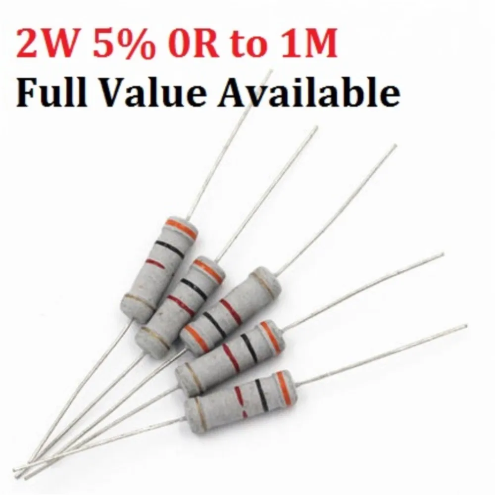 200pcs 10K Ohm 100R 4.7k 2.2K 1K 100K Metal Film 3/5/60//7/8/9.1.2.6.5.4.3.7.8./K/R 2W (0R ~ 1M) Carbon Film Resistor