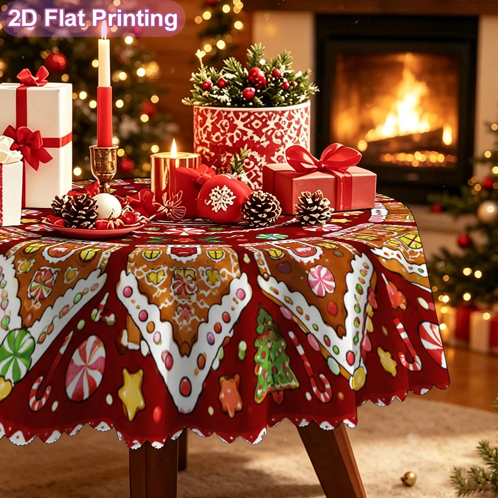 2D flat 1 piece tablecloth, colorful Merry Christmas gingerbread house pattern dinner plate art painting,