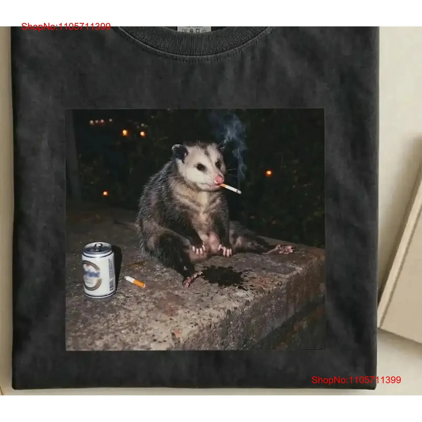 Possum Smoking Beer T Shirt Funny Opossum Dark Humor Animal long or short sleeves vintage Washed Unisex Top For Everyday Wear