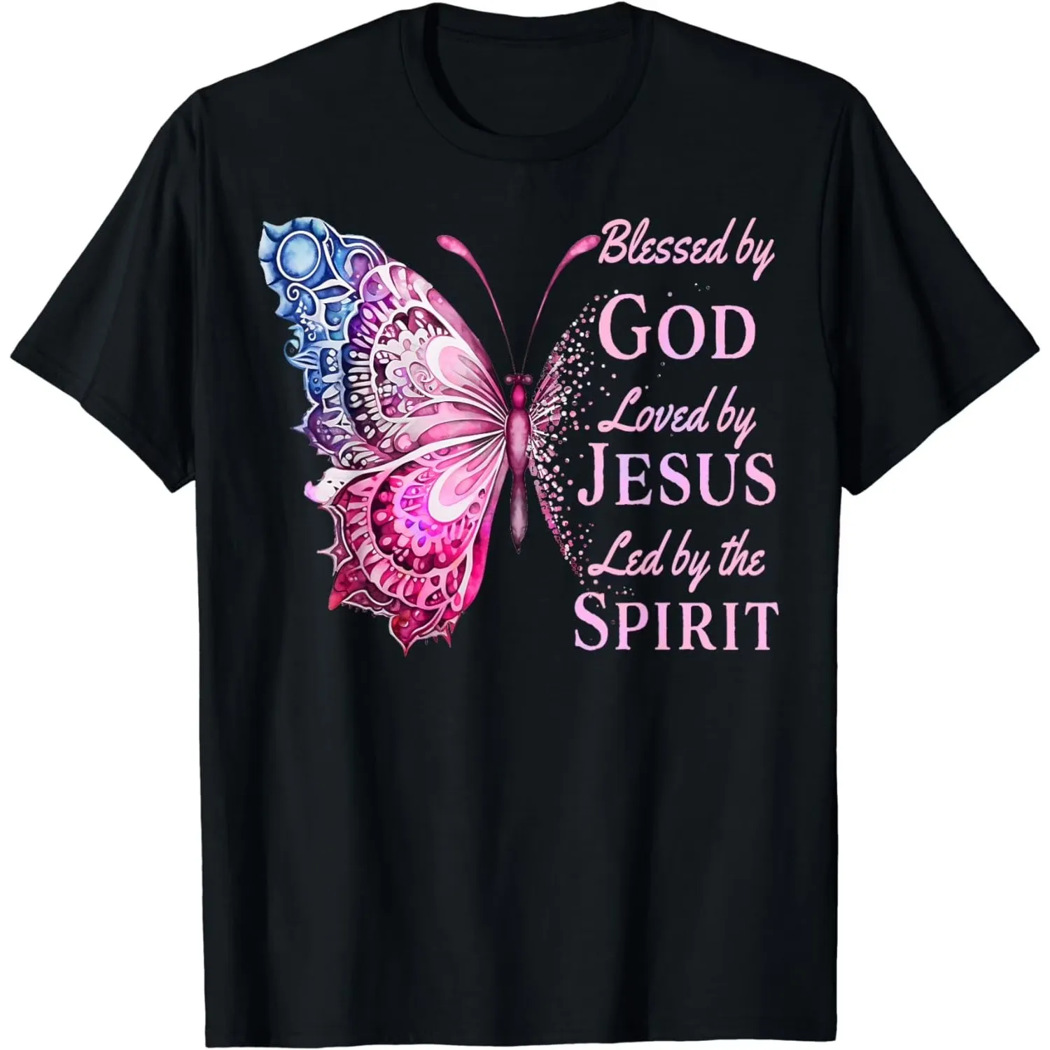 Pink Butterfly Graphic Tee Christian Faith Blessed by God Jesus Spirit Print T-Shirt