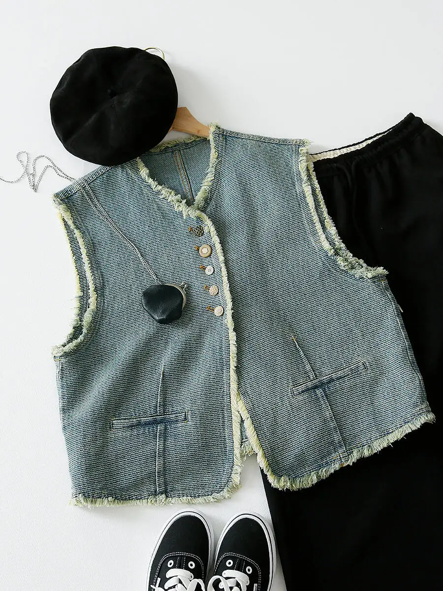 Faionable américain Sle femmes Denim gilet automne hiver nouveauté côté boutonné Svel gilet avec effiloché s