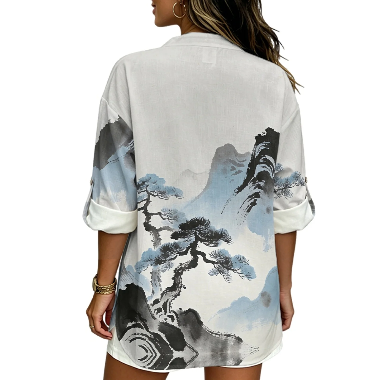 PENSTROLL Mountain Pine Print Linen Style Women's Blouse V Neck Blouse Shirt for Ladies Roll up Casual Loose Fit Blouses