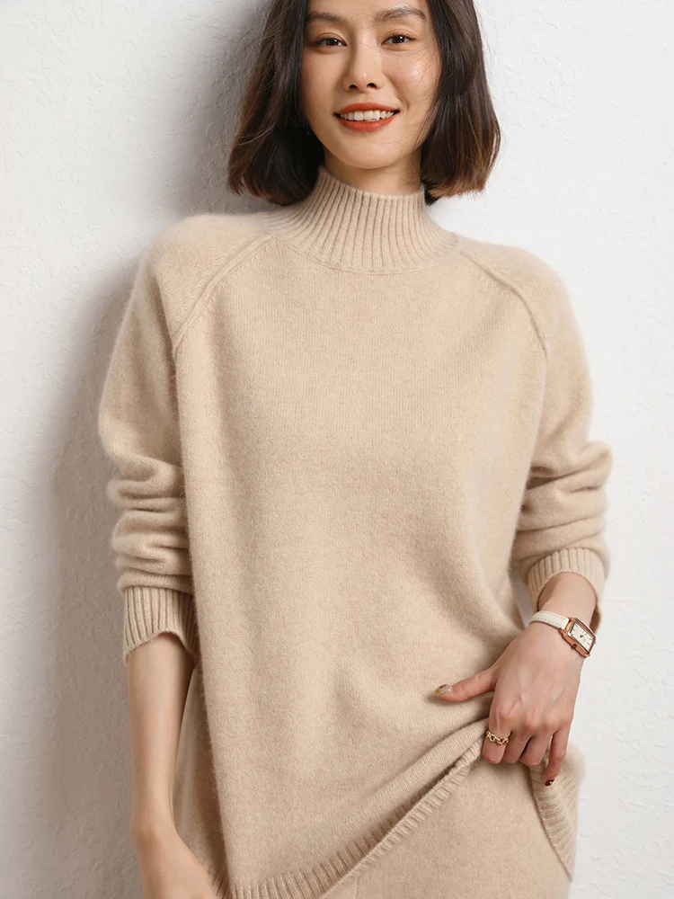 

Korean Popular Women's Sweater Pullover 100% Cashmere Winter Sweater Mock Neck Pullover Split Cuff Thicked Warm Female Clothing
