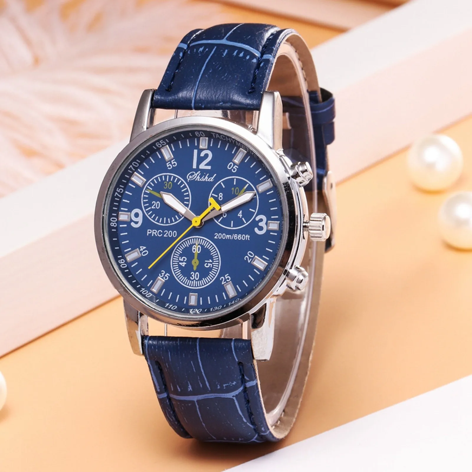Men'S Quartz Watch Blue Genuine Leather Watch Men'S Fashion Business Dating Multi-Function Commuting Daily Wear Workplace Match