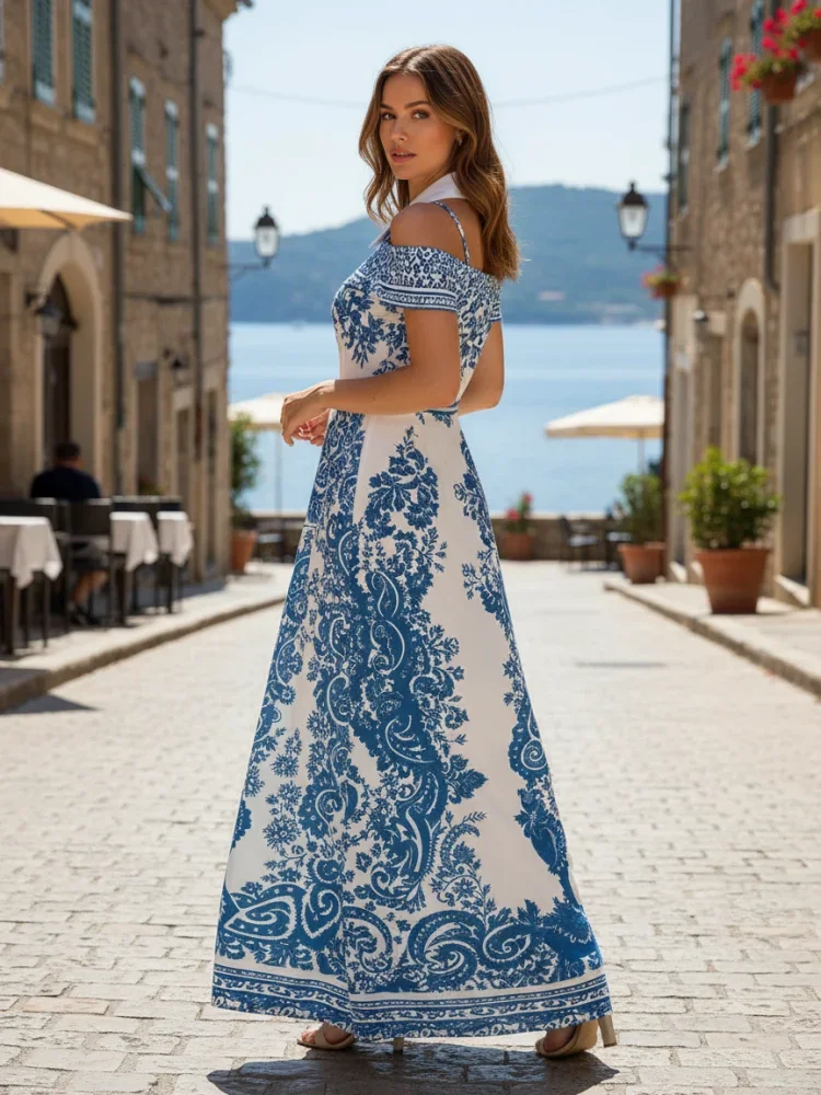 Women's Vintage Paisley Printed Cold Shoulder Lapel Maxi Dresses Short Sleeves Slim Fit High Waist Elegant Party Evening A-line Dress