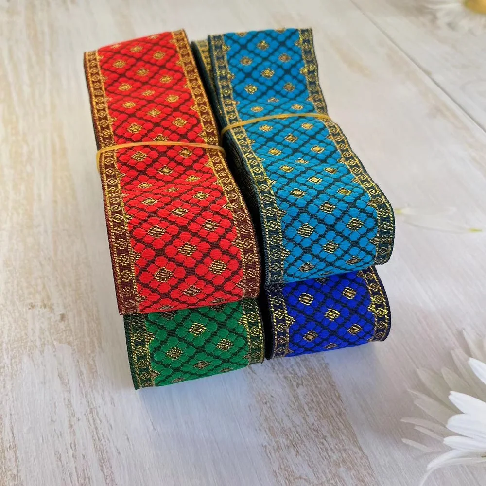 10Yards/Lots Woven Jacquard Ribbon 5cm Gold Dots Flowers Pattern  For Clothing Straps Accessory IS-3289