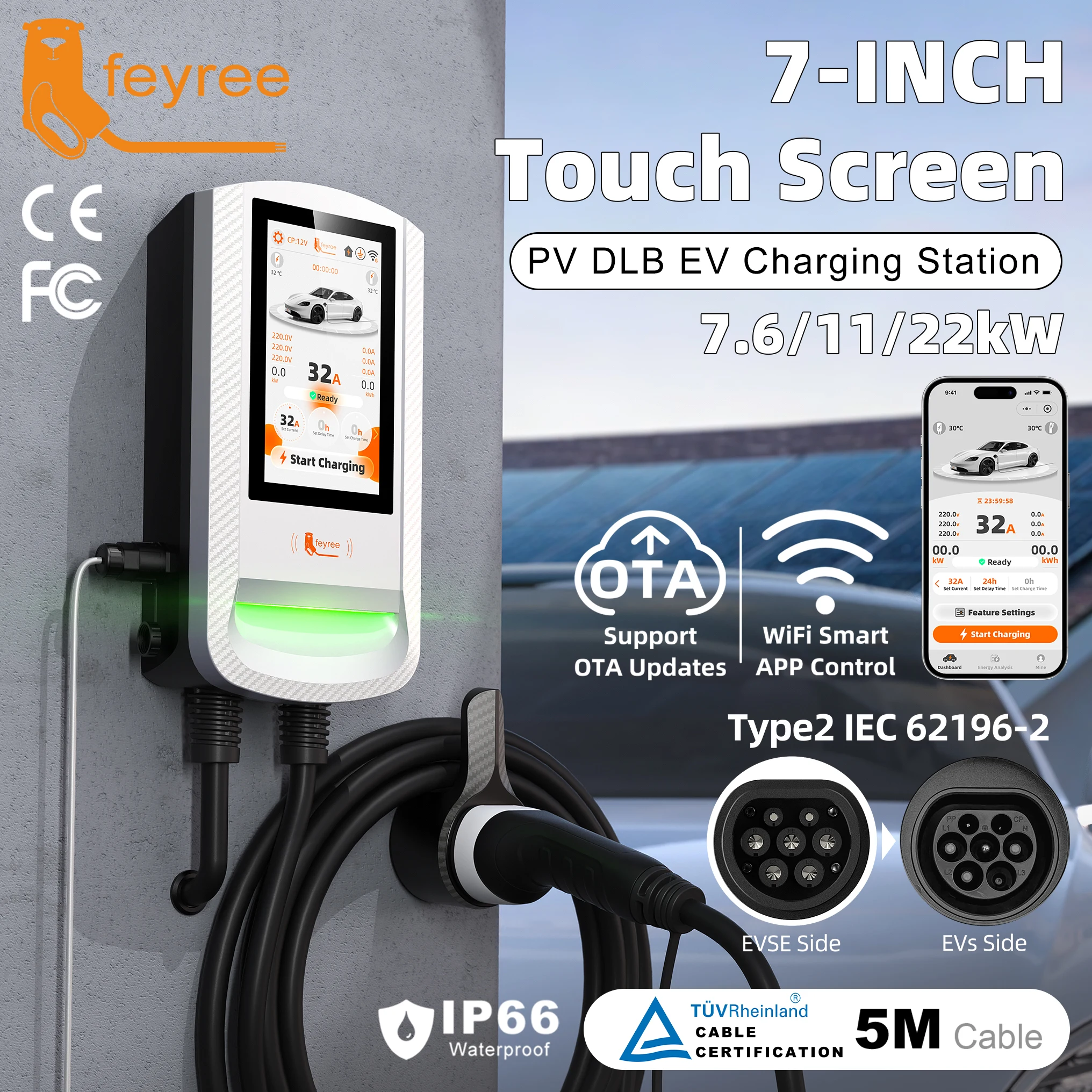 Feyree 7Inch Touch Screen Smart APP Control Type2 EV Charger with Charging Log OTA Upgrade with PV  Load Balancing Solar Charger