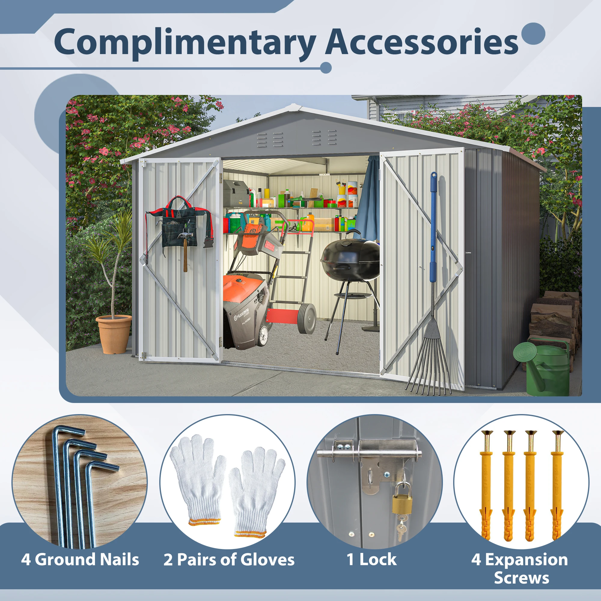 10X8 FT Outdoor Storage Shed Metal Tool Shedswith Frame Structure and Lockable Doors for Garden Patio Backyard Lawn Grey