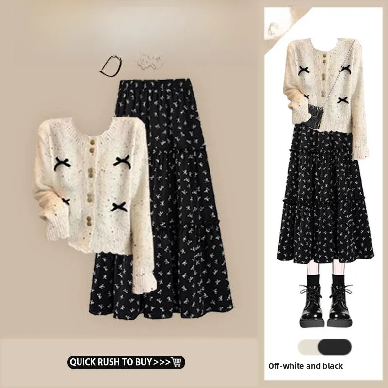

Autumn Korean Sle Knot Knitted Slimming Top Casual Floral f Skirt Two Piece Set Versatile Faion Ensemble