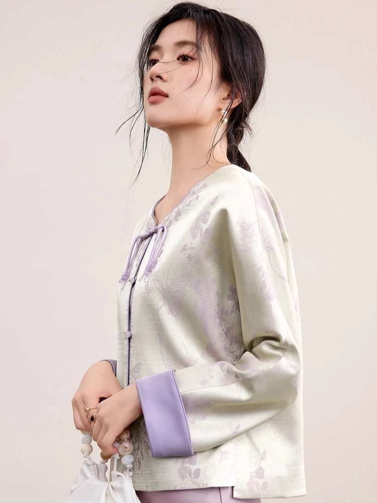 SENTUBILA Elegant Chinese Style Jackets For Women 2025 Autumn Luxury Loose Floral Print Coat Crew Neck Party Outerwear Q53WL3114