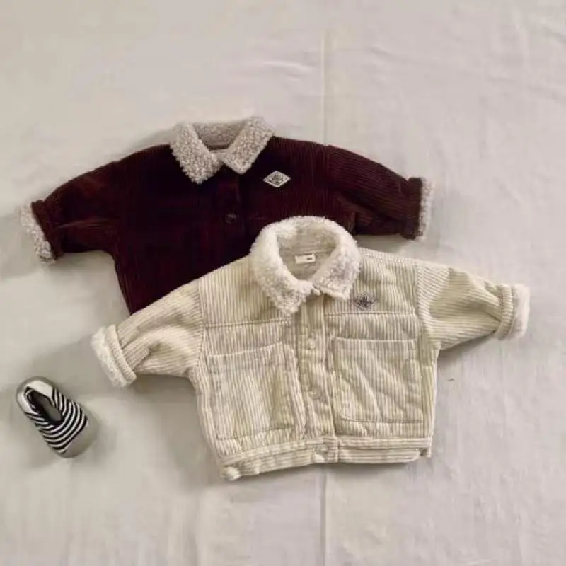 

Infant Solid Lapel Jacket Kids Plus Velvet Thick Coat Baby Fleece Clothes 2025 Winter New Baby Warm Corduroy Coat For Boy Girl