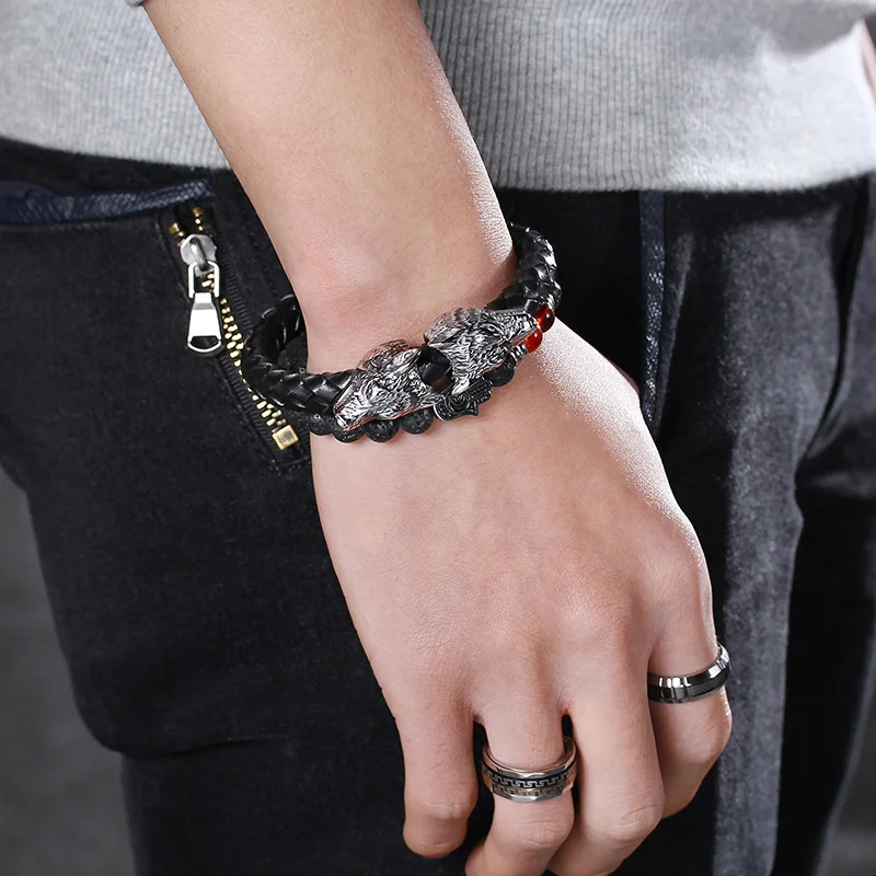 Classic Animal Norse Viking Double Wolf Head 316L stainless steel Men's Leather Bracelet Fashion Punk Jewelry Pulseras