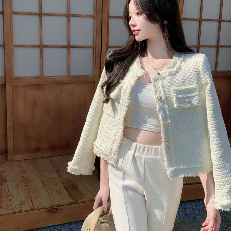 Rimocy High Quality O-Neck Tweed Coat Womans Korean Fashion Long Sleeve Jacket Women Autumn Single-Breasted Wool Jackets Female