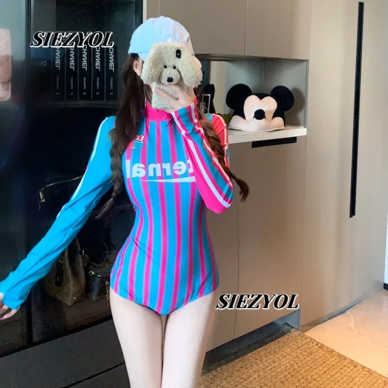 Summer Retro Surf Wetsuit Gathers Sweet Girls Bathing Suit fashion Versatile Long-sleeved Sunscreen One Piece Swimsuit for Women