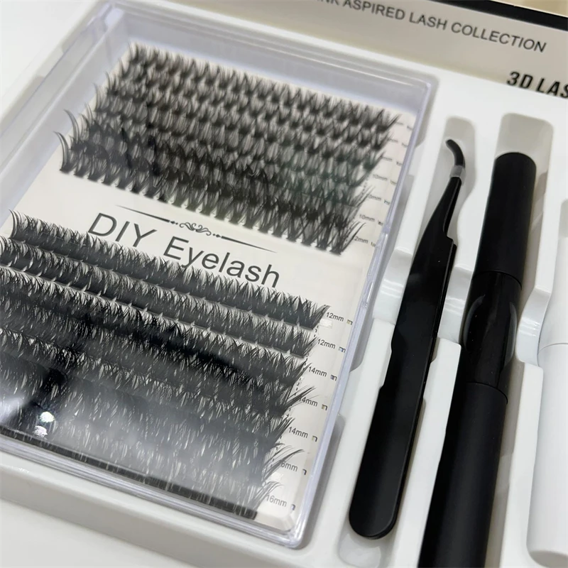 14 Rows/Tray Multi-layer mixed size natural long Segmental false eyelashes tweezers glue set with Eyelash tool