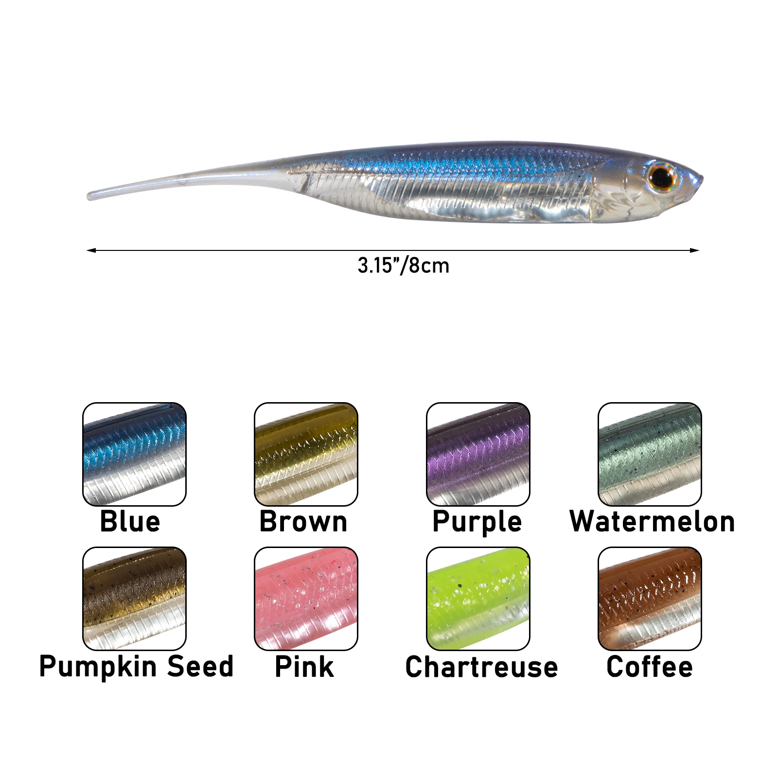 6pcs Needle Tail Fishing Soft Plastic Lures,Swimbaits,Shad Worm Bait,Bass Fishing Lure,80mm,for Crappie Trout Saltwater