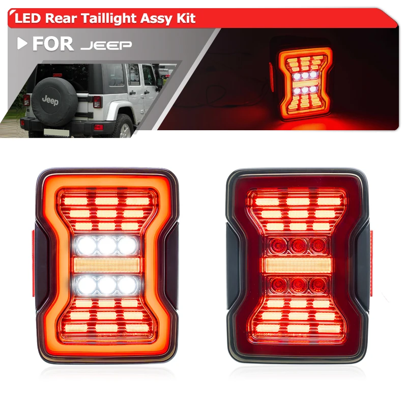 US-Spec JK Rear Taillights Replacement Smoked 4in1 LED Tail Running/Brake/Reverse/Red Turn Signal Assy For 07-17 Jeep Wrangler