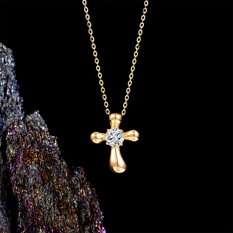 

24K Gold Plated S925 Sterling Silver Cross Pendant Necklace with 0.5ct VVS1 D Color Moissanite Collarbone Chain Jewelry Gift