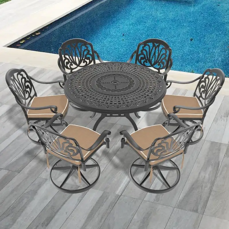 7-Pc All-Weather Cast Aluminum Dining Set with 6 Swivel Chairs & 47