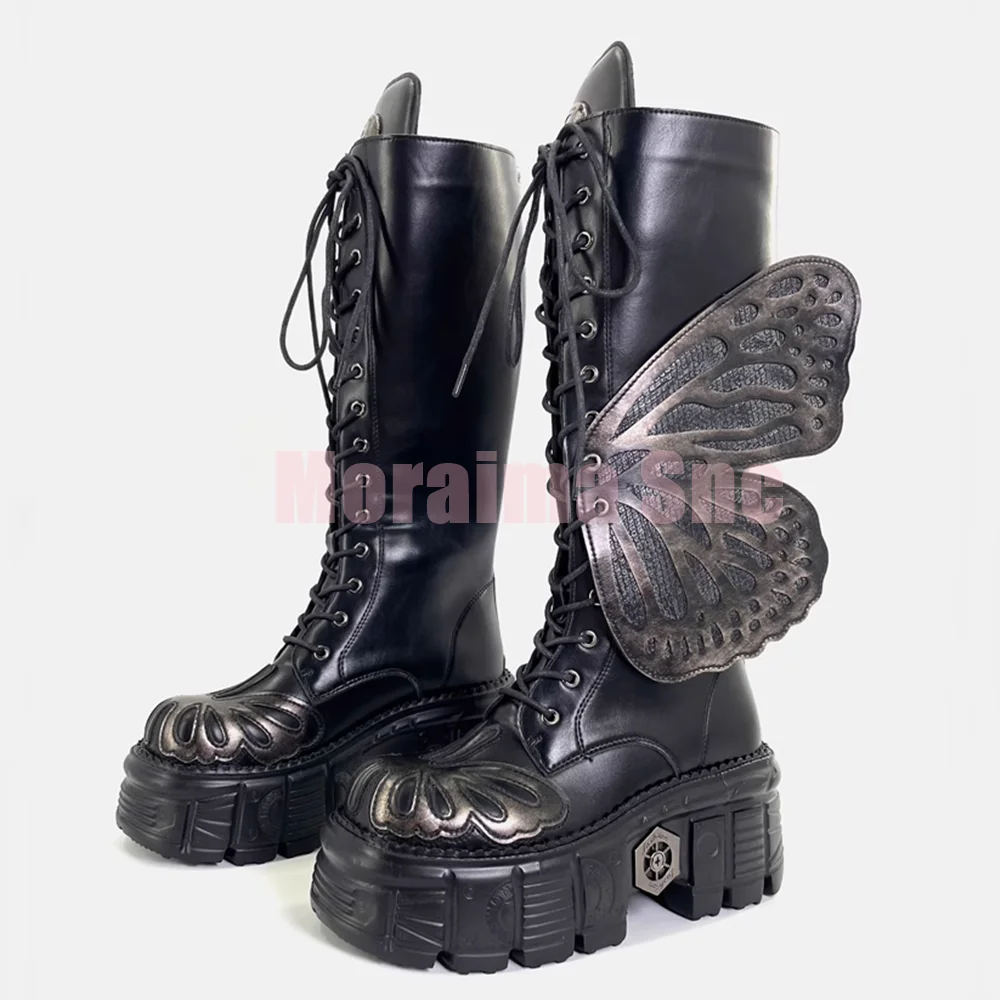 

Punk Style Metal Butterfly Knee High Boots Round Toe Thick Sole Block Chunky Heel Lace-up Women Long Boots Back Zipper Autumn