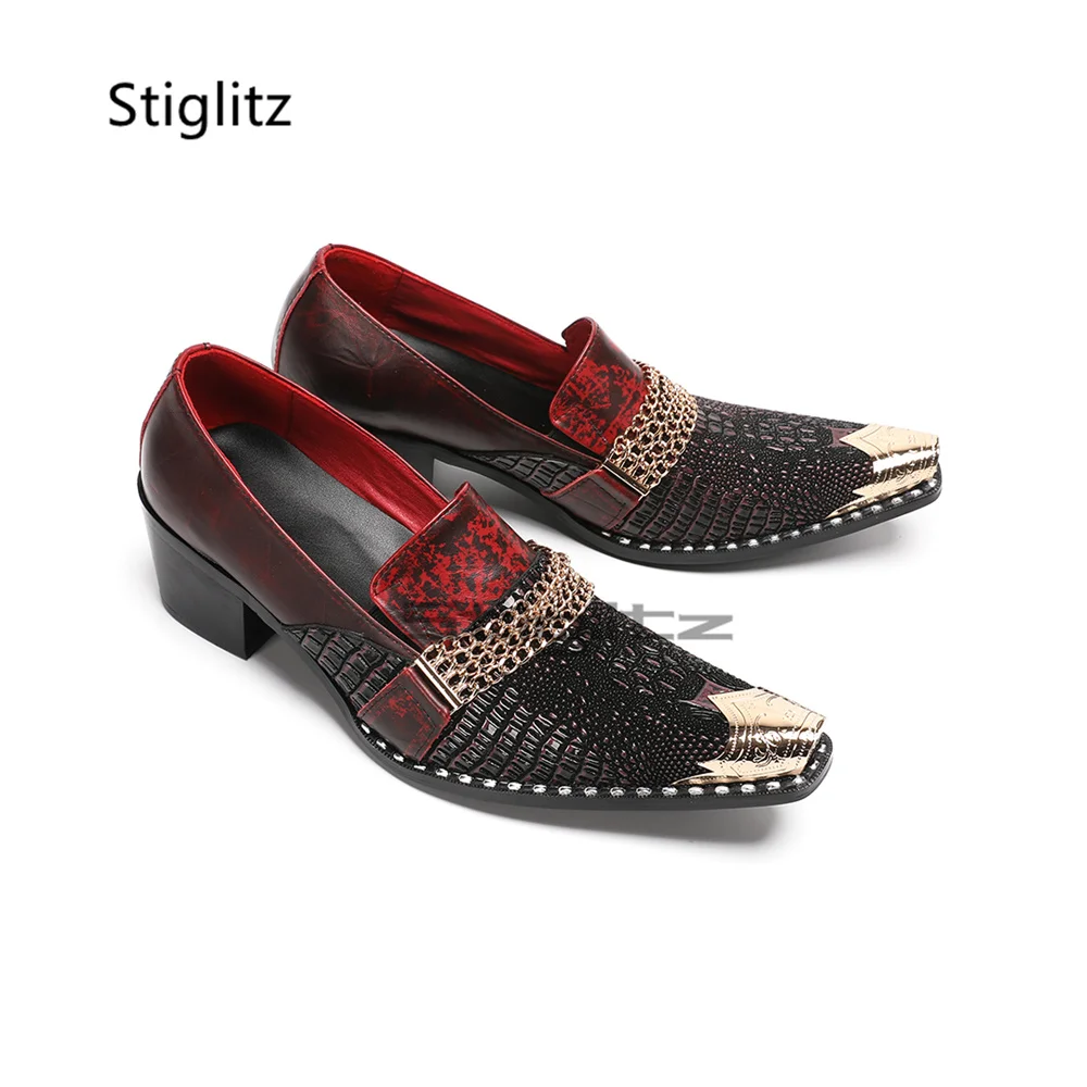 Men's Metal Chain High Heels Oxford Shoes Wine Red Genuine Leather Patchwork Metal Pointed Toe Wedding Dress Business Shoes