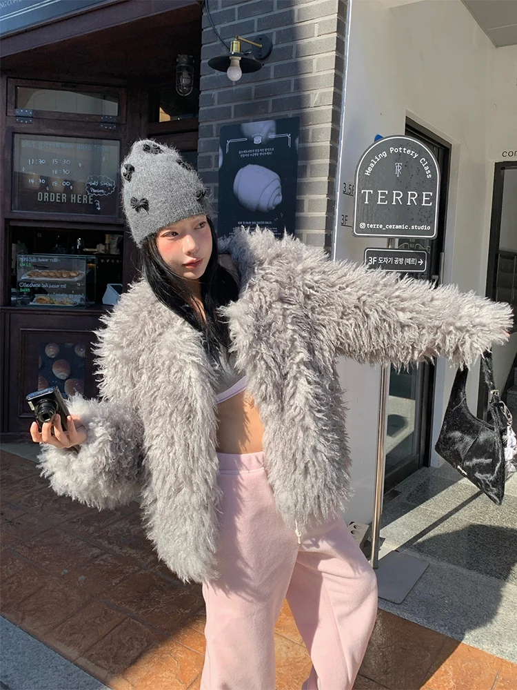 Winter Nieuwe Warme ort Bont Jaet Jong Sle ey Kleur vrouwen Jas Koreaanse Versie Lange Sve ronde Ne Niet- verwijderbaar Ontwerp