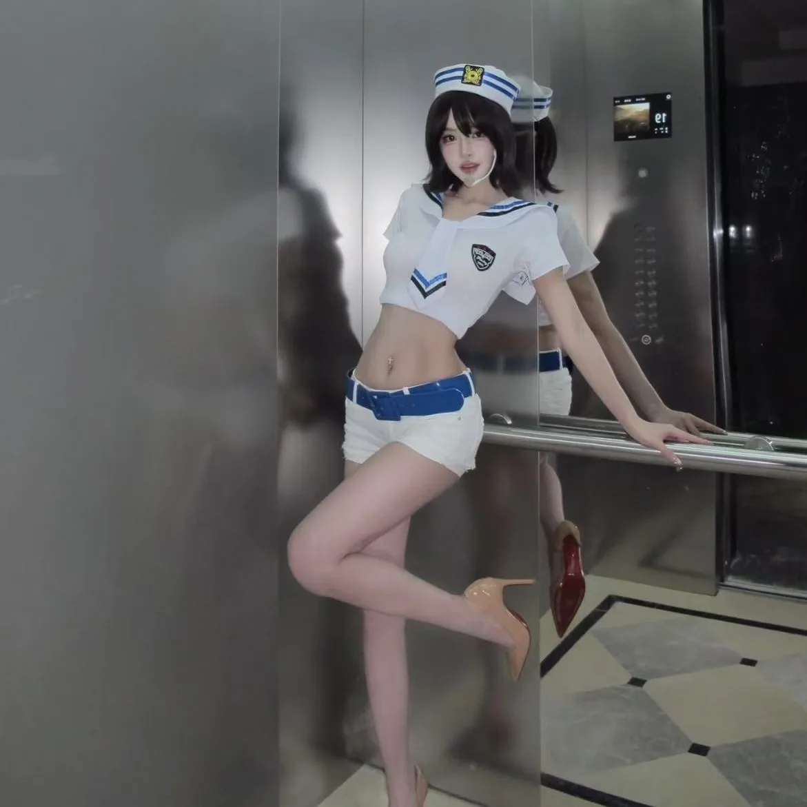 หมวกกะลาสีสีน้ำเงิน/ขาว ฮงหลวน หมวกกัปตันลายทางสำหรับผู้หญิง อุปกรณ์เสริมงานคอสเพลย์ หมวกปาร์ตี้สำหรับผู้ชาย