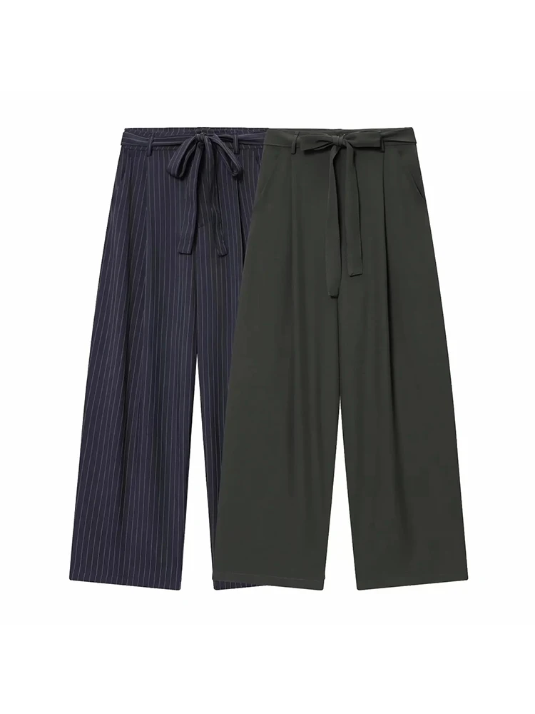 Women Fashion 2-Piece Set Single-breasted Sleeveless V-Neck Pinstripe Vest+Summer Pleated Loose Pocket Belt Zipper Pants view 6