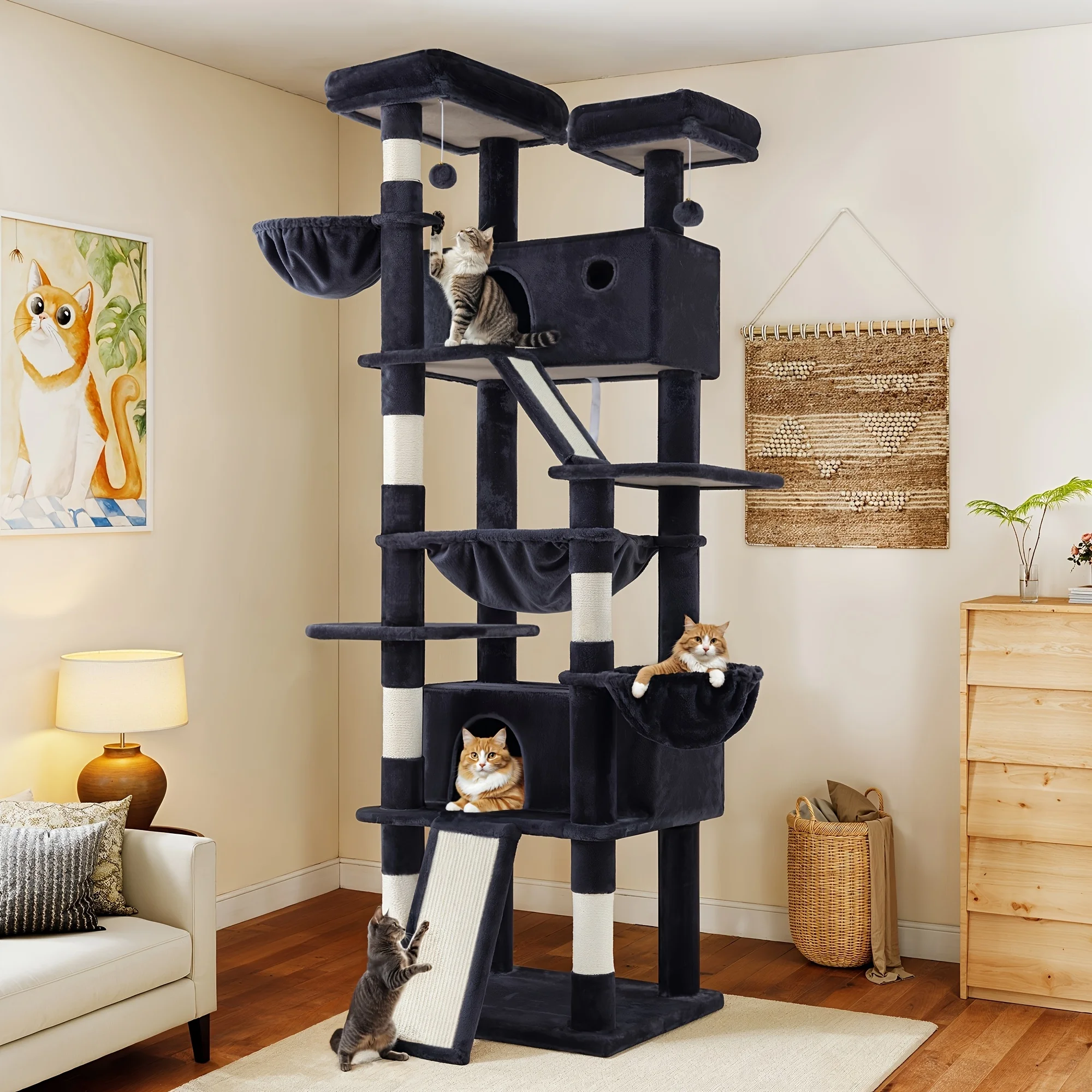 

WEEWAY Multi-Level Cat Tree Tower for Indoor Cats - Multi-Tiered Cat Furniture with Sisal Scratching Posts, Plush Perches, Hammock & Basket - Corner Condo Cave with Hanging Toys - Sturdy Climbing Ramp Suitable for Kittens & Cats, Free Shipping