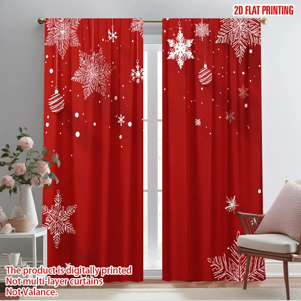 2pcs,2D plane printing Creative Curtains Christmas balls and snowflakes Polyester Easy Install (without rod) Holiday Use for