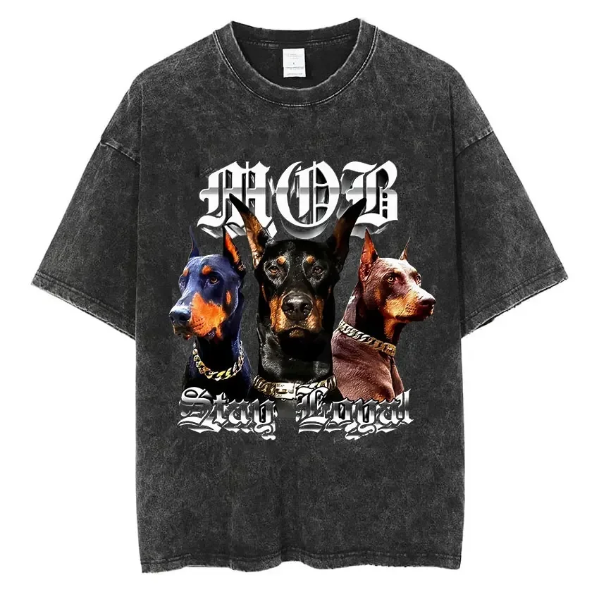 Rottweiler Doberman Vintage Washed T Shirt Men\'s Hip Hop Trend Short Sleeve T-Shirt Men Fashion Oversized T-Shirts Streetwear