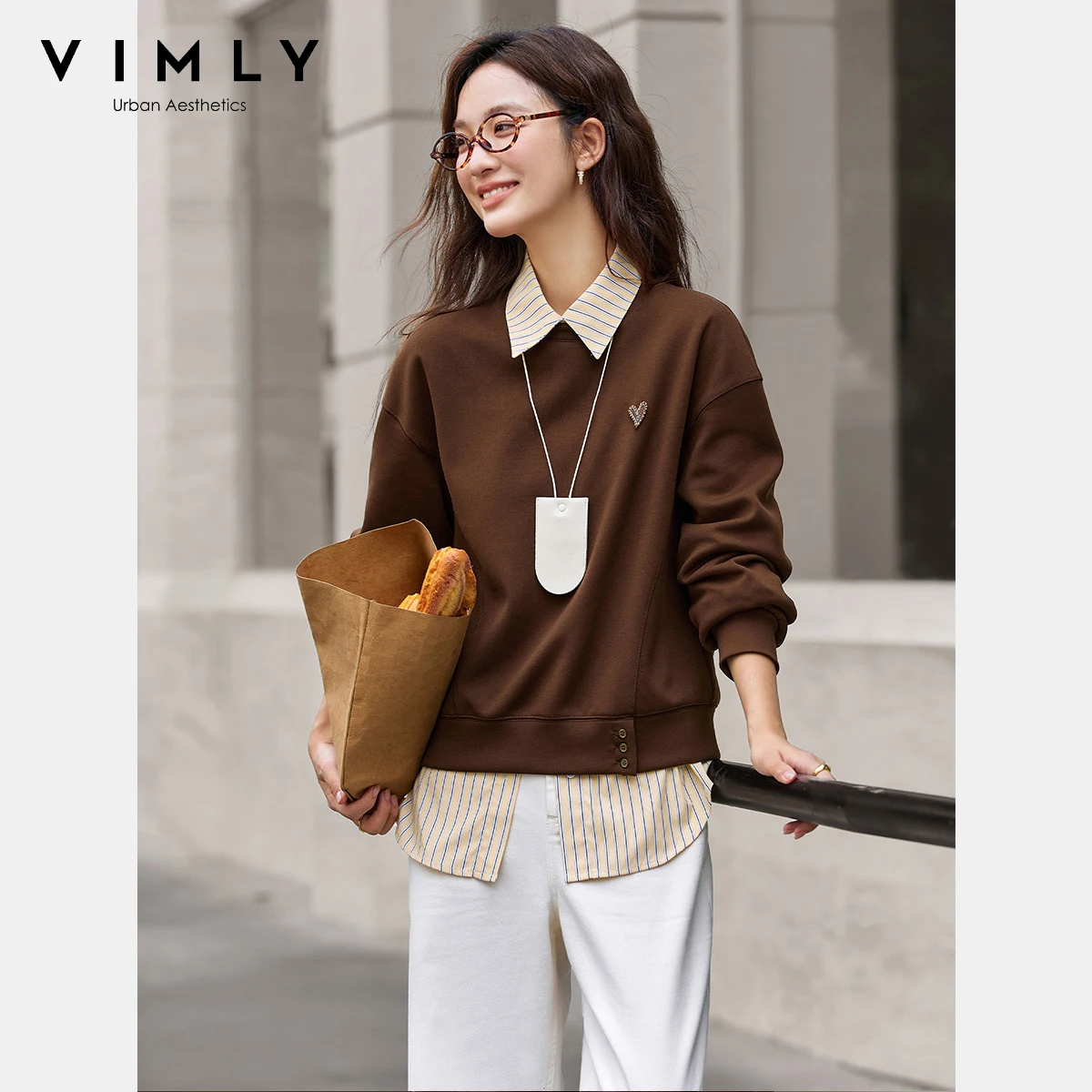 VIMLY Sweatshirts Women Fashion Solid Autumn 2025 Casual Round Collar Loose Lady Sweatshirt Long Sleeve Sporty Knitted Top A2062