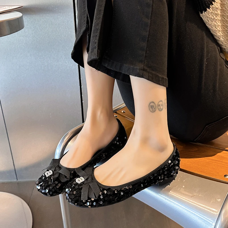 Bowtie Flat Shoes Woman Round Toe Crystal Glitter Slip on Loafers Soft Bottom Bow Ballet Flats Ladies Mary Jane Shoes Zapatillas