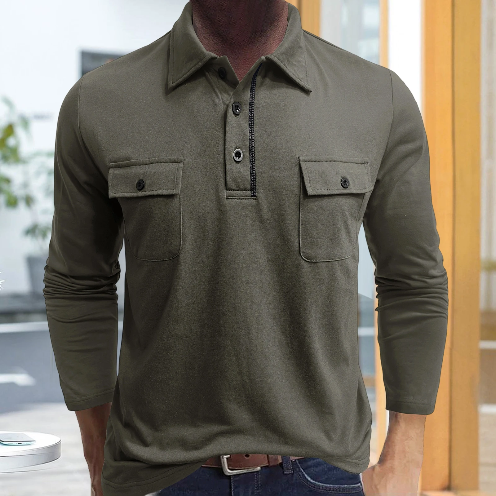 Men's Lapel Collar Henley Shirts Casual Long Sleeve Flap Pocket Button Front T-Shirts Spring Fall Tops