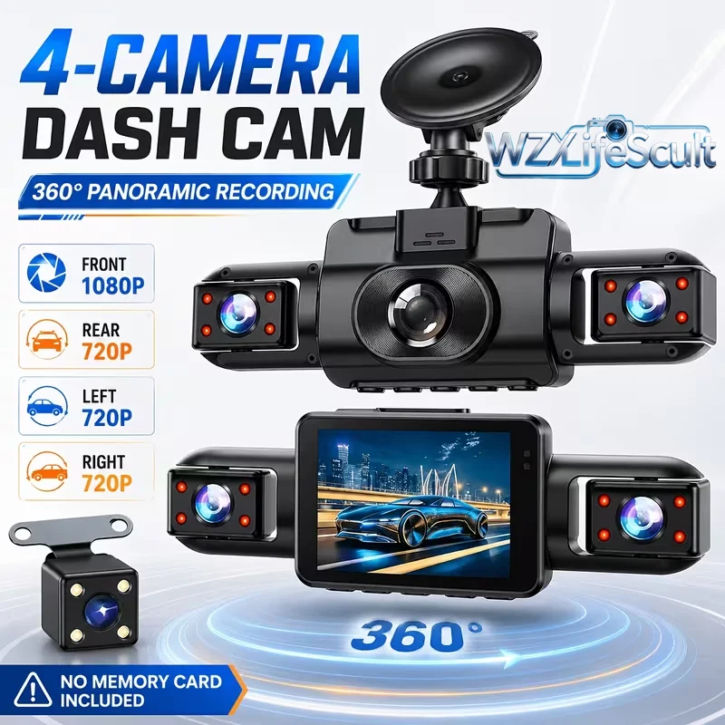 Dashcam, HD Video Recording, Real-Time Recording with Four Cameras, 1080p FHD Resolution, Unique Design, Flexible Camera Rotation, Loop Recording, Ultra-Wide-Angle Lens, Enhances the Driving Experience, Compatible with a Wide Range of Vehicle Models