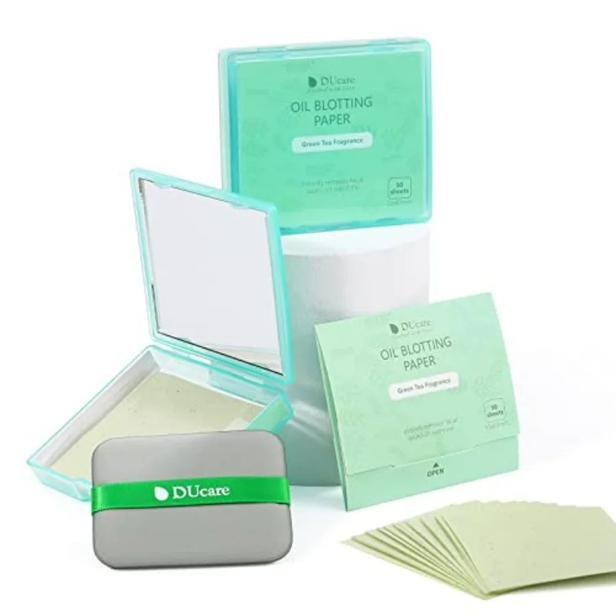 

DUcare Oil Blotting Sheets for Face Tea Blotting Paper For Oily Skin with Portable Mirror Case and Makeup Puff, Oil Absorbing S
