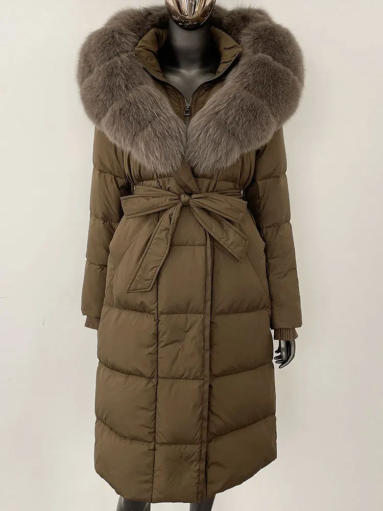 Longue à capuche doudoune femmes nouveau hiver chaud blanc doudoune d'oie femmes réel manteau de fourrure de renard femme manteau de fourrure naturelle