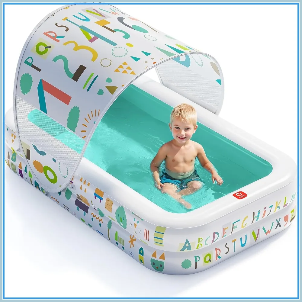 65" x 39" Inflatable Pool with Canopy & Soft Floor for Kids, Outdoor Ball Pit