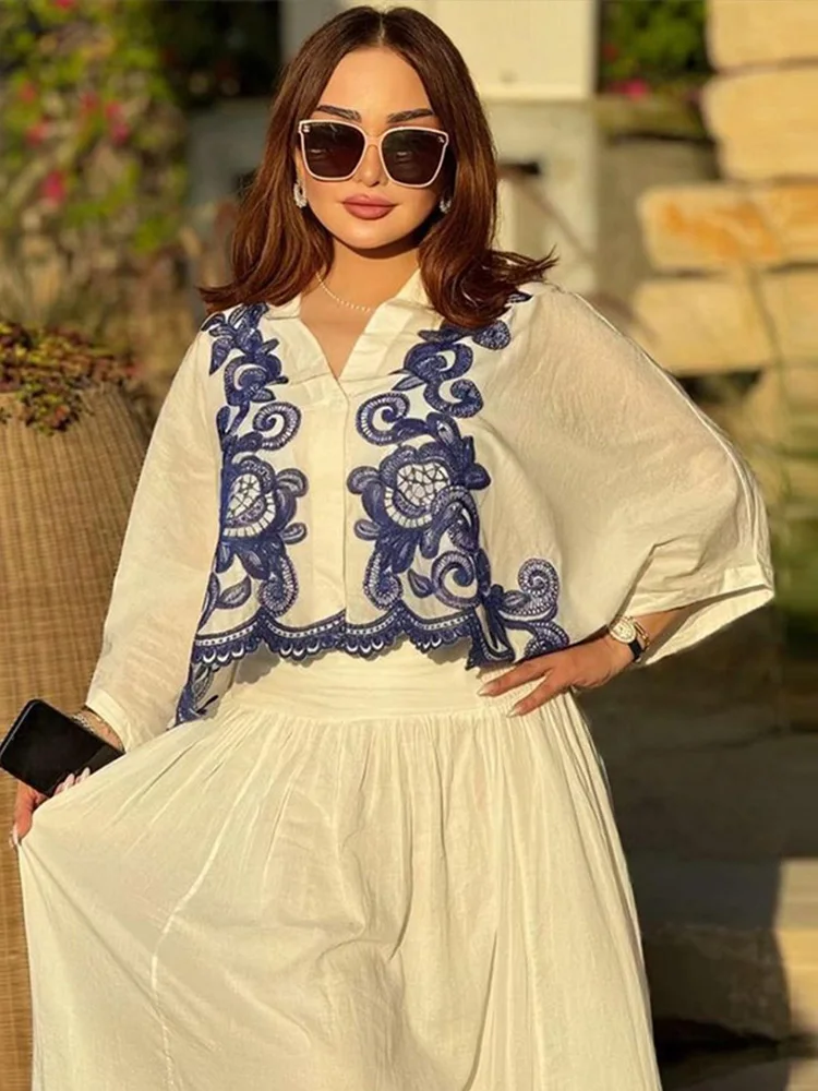 Embroidery Printed Women Shirt Sets Loose Batwing Sleeve Female Shirts Set 2024 Fashion A Line Elegant Casual Lady Skirt Suit