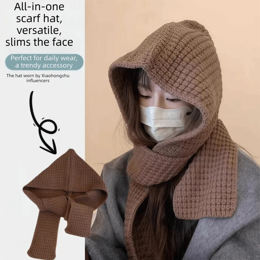 Acrylic Fibres Knitted Hooded Caps Soft Embossing Neck Collar Beanies Caps Thickened Keep Warm Winter Neckerchief Hat Outdoor
