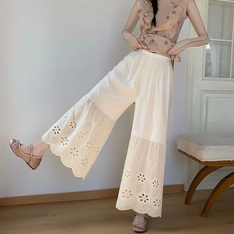 Pure Color Wide Leg Pants Lace Embroidery Hollow out Inner Skirt for Women Artistic Base Layer Pants Anti-Light Walking