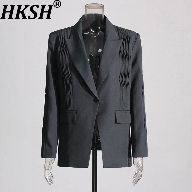 

HKSH Women Blazer Turn-down Collar Single Button Pleated High-end Elegant Fashion Jacket Office Lady Ins Coat New Spring HK11499