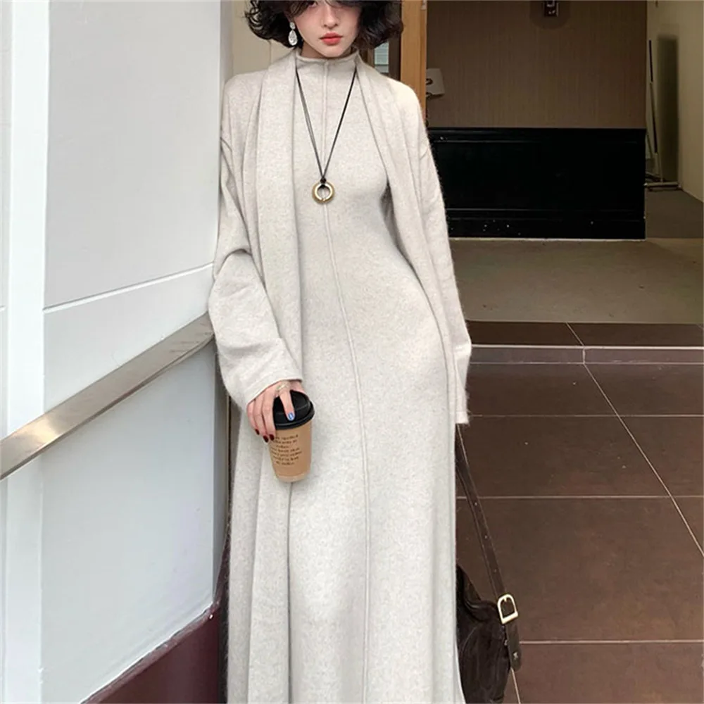 

Temperament Elegant Knitted Dress Two Piece Set Women Solid Color Socialite Sleeveless Slim Long Dresses Cardigan 2 Piece Sets