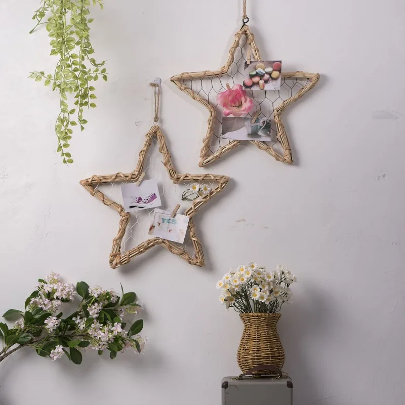 Modern simple photo wall decoration handmade wicker star decorative photo frame, high-end interior photo creative storage rack