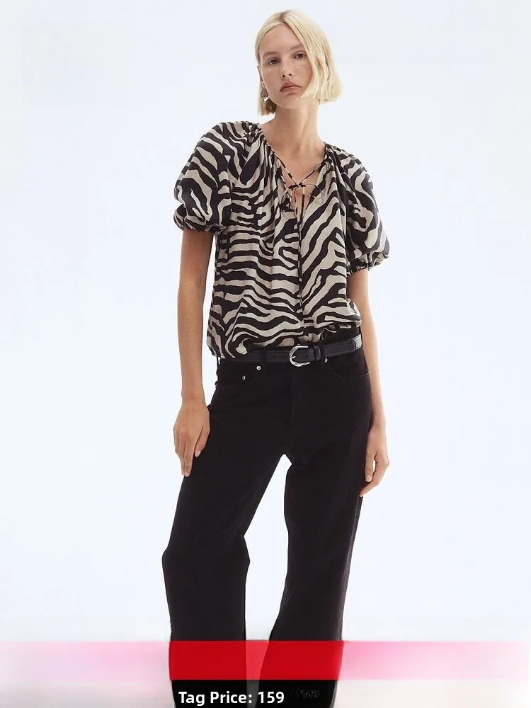 

H&M Women's Shirt Summer Lantern Sleeve Top Casual Loose Fit Short Sleeve V-Neck Tie-Detail Regular Length Fashion 1288338