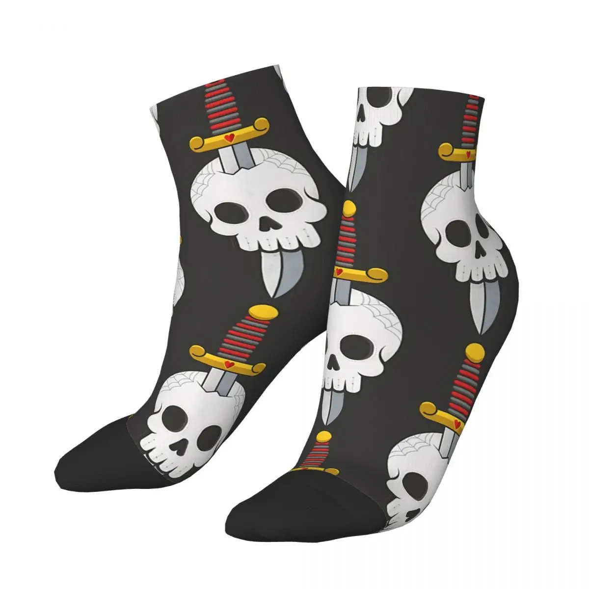 Funny Men's Ankle Socks Traditional Style Skull And Knife Tattoos Art Street Style Casual Crew Sock Gift Pattern Printed