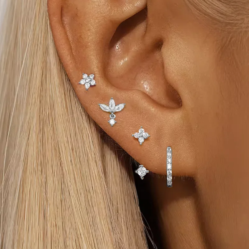 4PCS Zirkon Herz Mond Blume Kleine Hoop Ohrringe Set Für Frauen Edelstahl Huggies Anhänger Piercing Ohrringe Schmuck Aretes