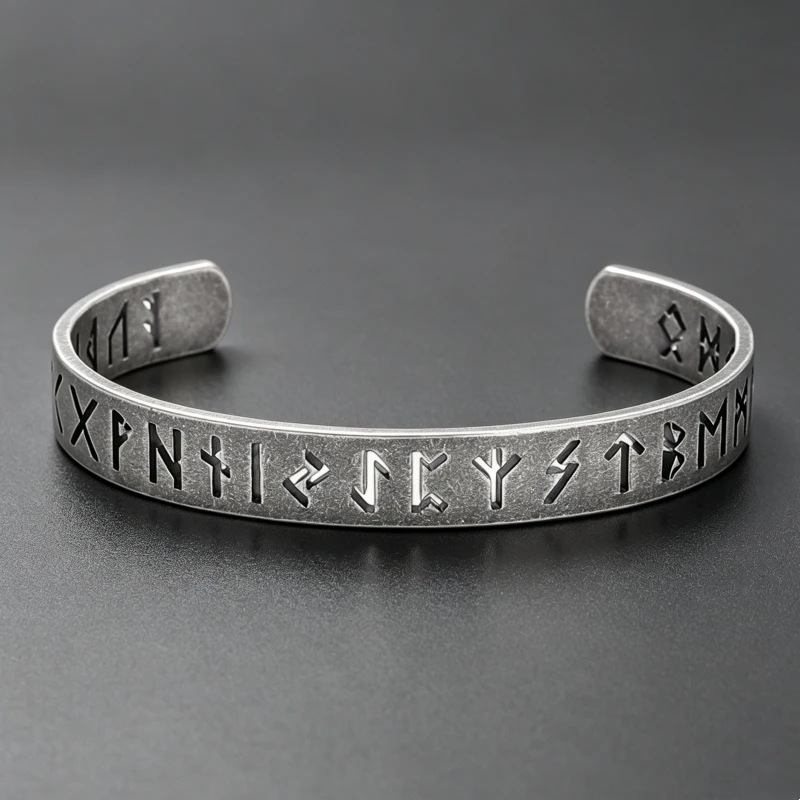 Vintage Viking Runes Engraved Stainless Steel Open Cuff Bangle for Men Retro Amulet Bracelet Punk Jewelry Gift for Husband