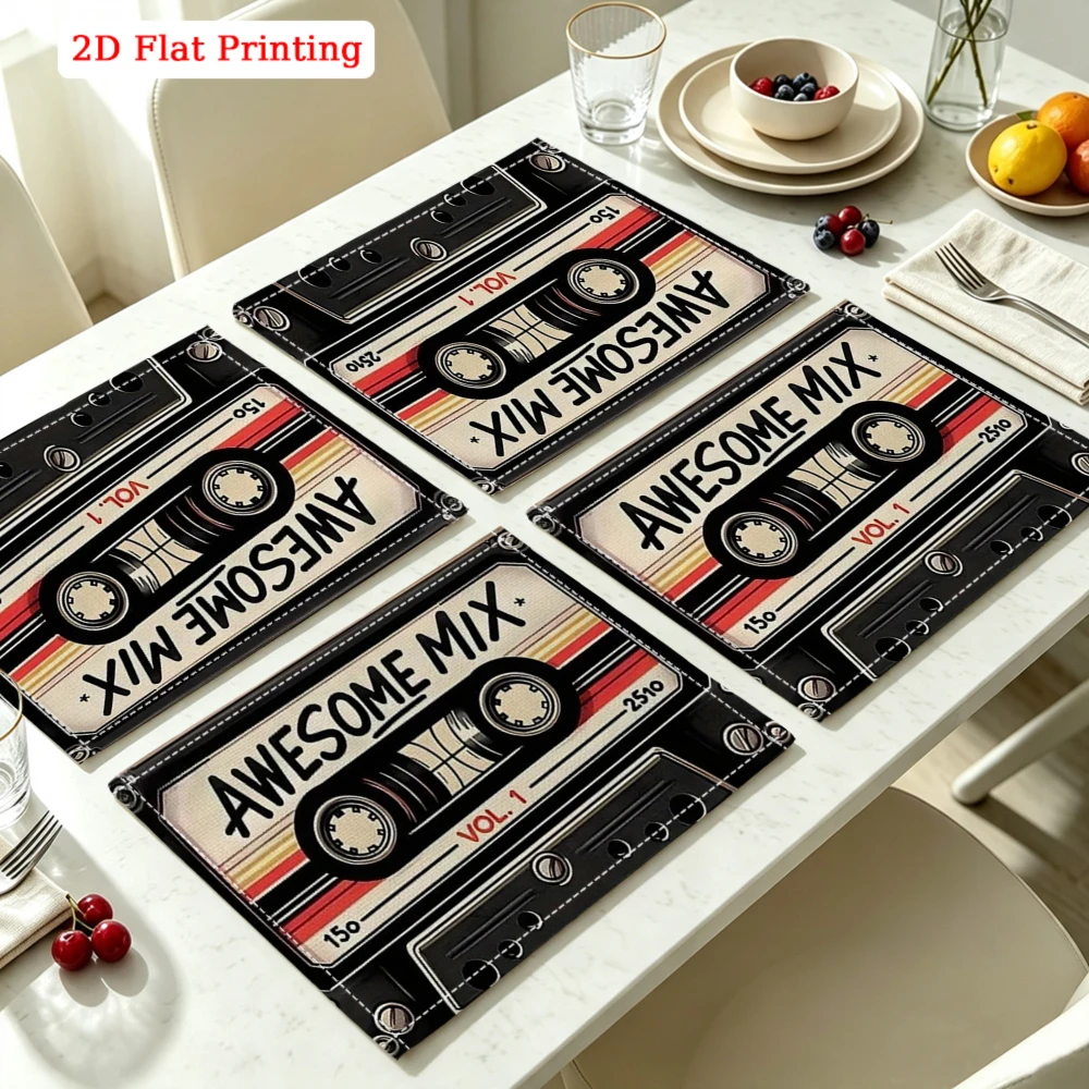 2Pcs Retro Cassette Tape Placemat Black Awesome Mix Vol 1 Table Mat Kitchen Dining Decor Non Slip Heat Resistant 30X40Cm